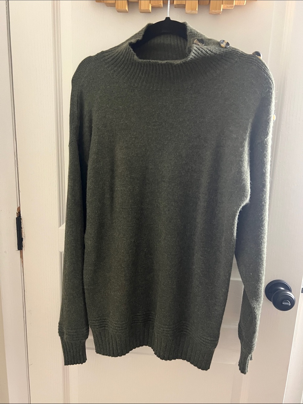 Poof! Olive Green Crewneck Sweater with Shoulder Buttons